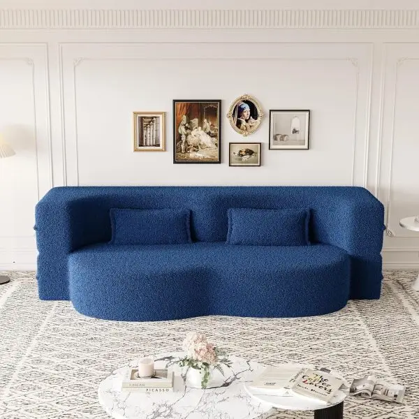 78"W Convertible Folding Sofa Bed, Teddy Full Size Futon Loveseat Sleeper Couch Bed with Pillows, Lounge Floor Sofa Folding Mattress, Compression Foam Boneless Couch for Living... - Image 2