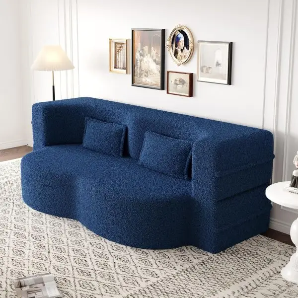 78"W Convertible Folding Sofa Bed, Teddy Full Size Futon Loveseat Sleeper Couch Bed with Pillows, Lounge Floor Sofa Folding Mattress, Compression Foam Boneless Couch for Living... - Image 4