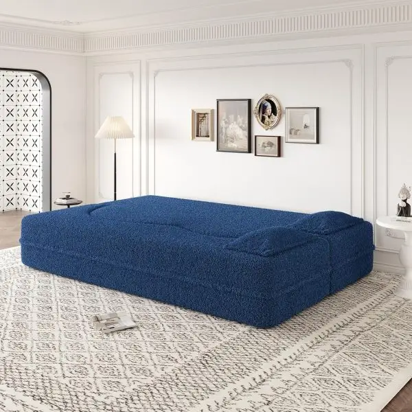 78"W Convertible Folding Sofa Bed, Teddy Full Size Futon Loveseat Sleeper Couch Bed with Pillows, Lounge Floor Sofa Folding Mattress, Compression Foam Boneless Couch for Living... - Image 6