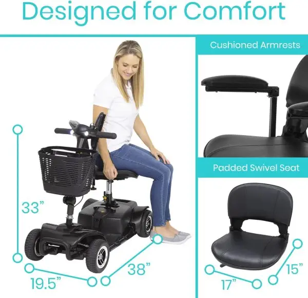 Vive 4 Wheel Mobility Scooter - Electric Powered Wheelchair Device - Compact Heavy Duty Mobile for Travel, Adults, Elderly - Long Range Power Extended Battery with Charger & Basket - Image 6