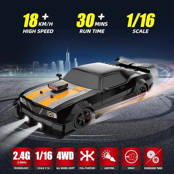 While Stocks Last:RC Drift Car 2.4GHz 1:16 Scale 4WD High Speed Remote Control Cars Vehicle with LED Lights Two Batteries and Drifting Tires Racing Sport Toy Cars for Adults... - Image 6